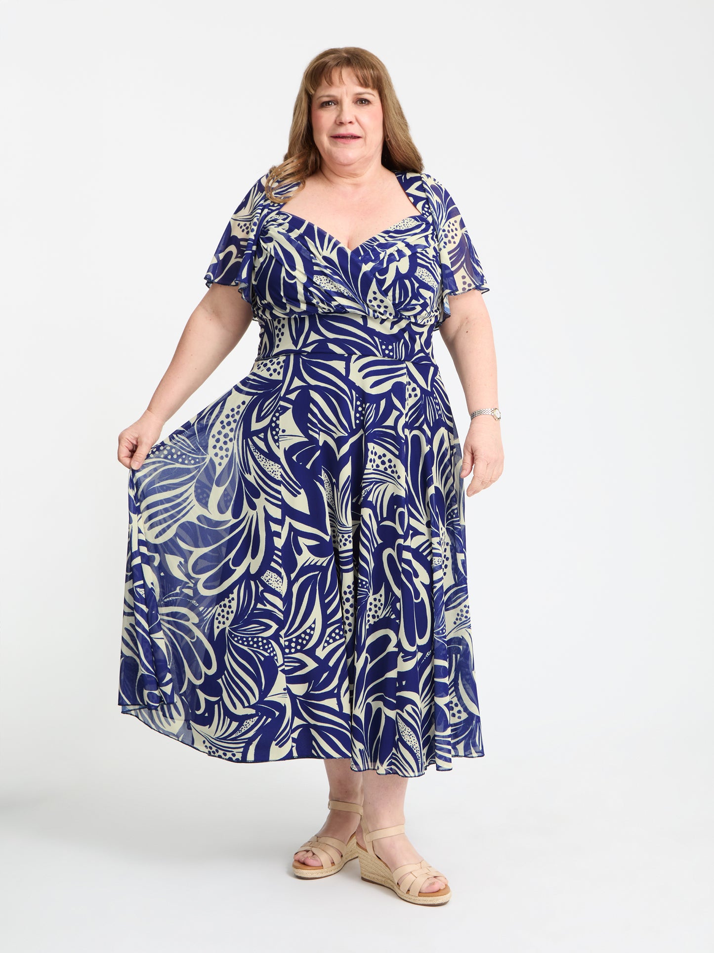 Petite Liz Navy Ivory Swirl Bolero Wrap Bodice Midi Dress