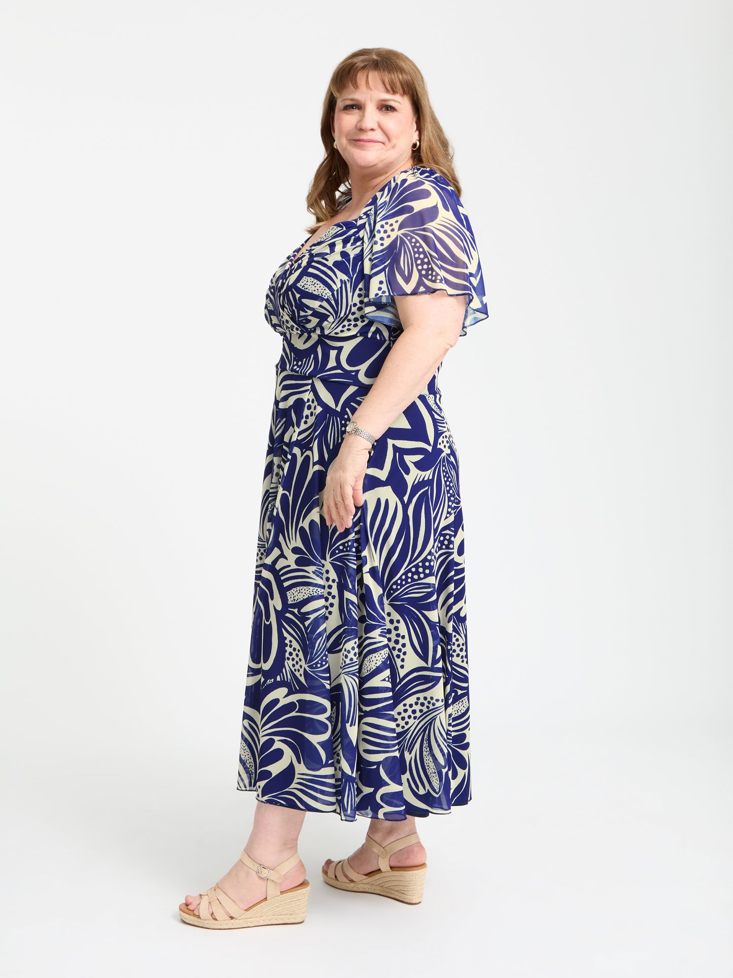 Petite Liz Navy Ivory Swirl Bolero Wrap Bodice Midi Dress