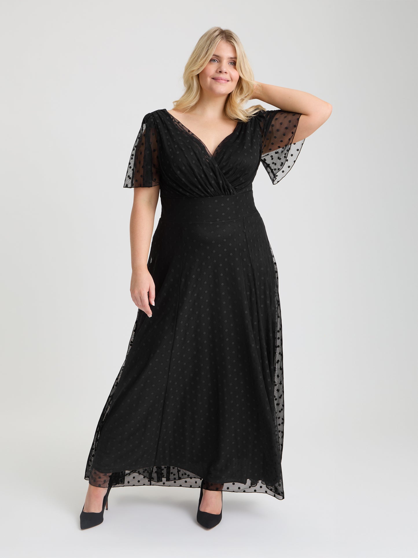 Isabelle Black Dobby Spot Float Sleeve Maxi Dress