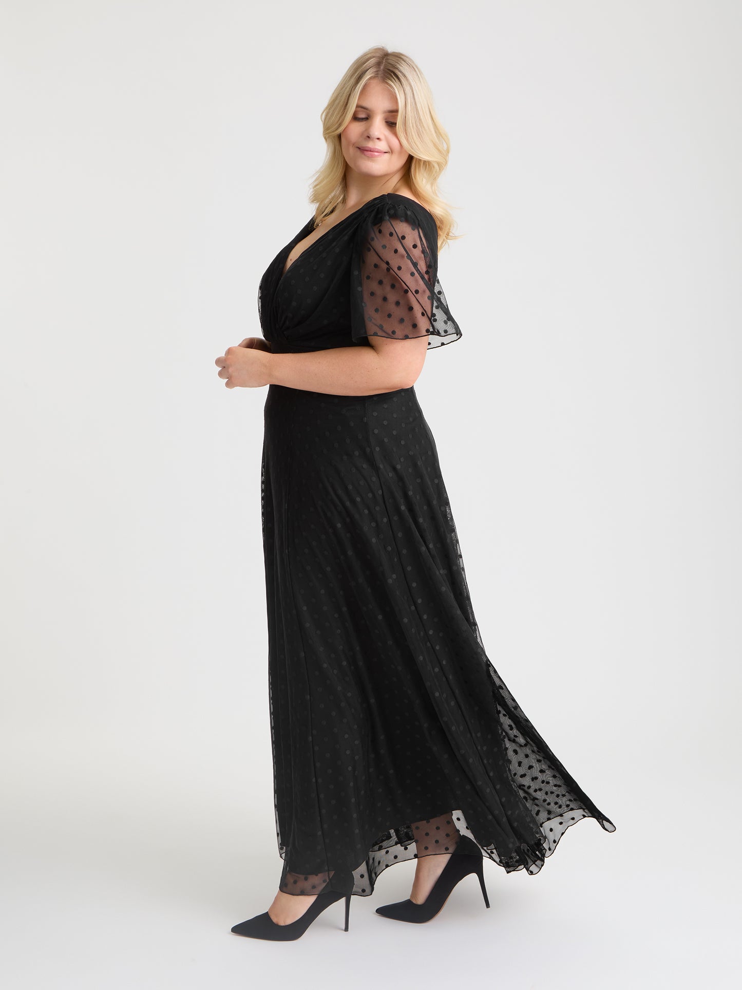 Isabelle Black Dobby Spot Float Sleeve Maxi Dress