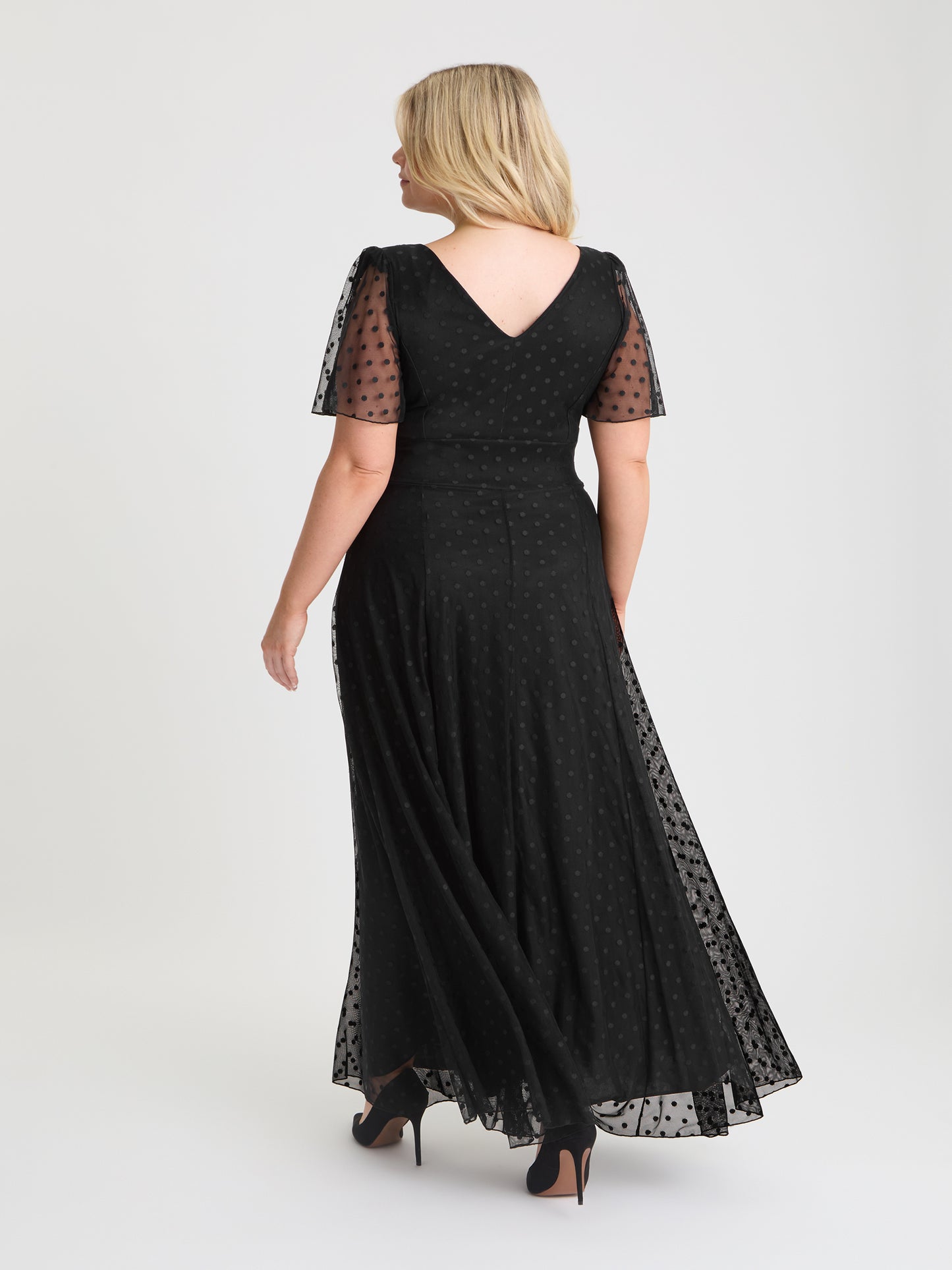 Isabelle Black Dobby Spot Float Sleeve Maxi Dress