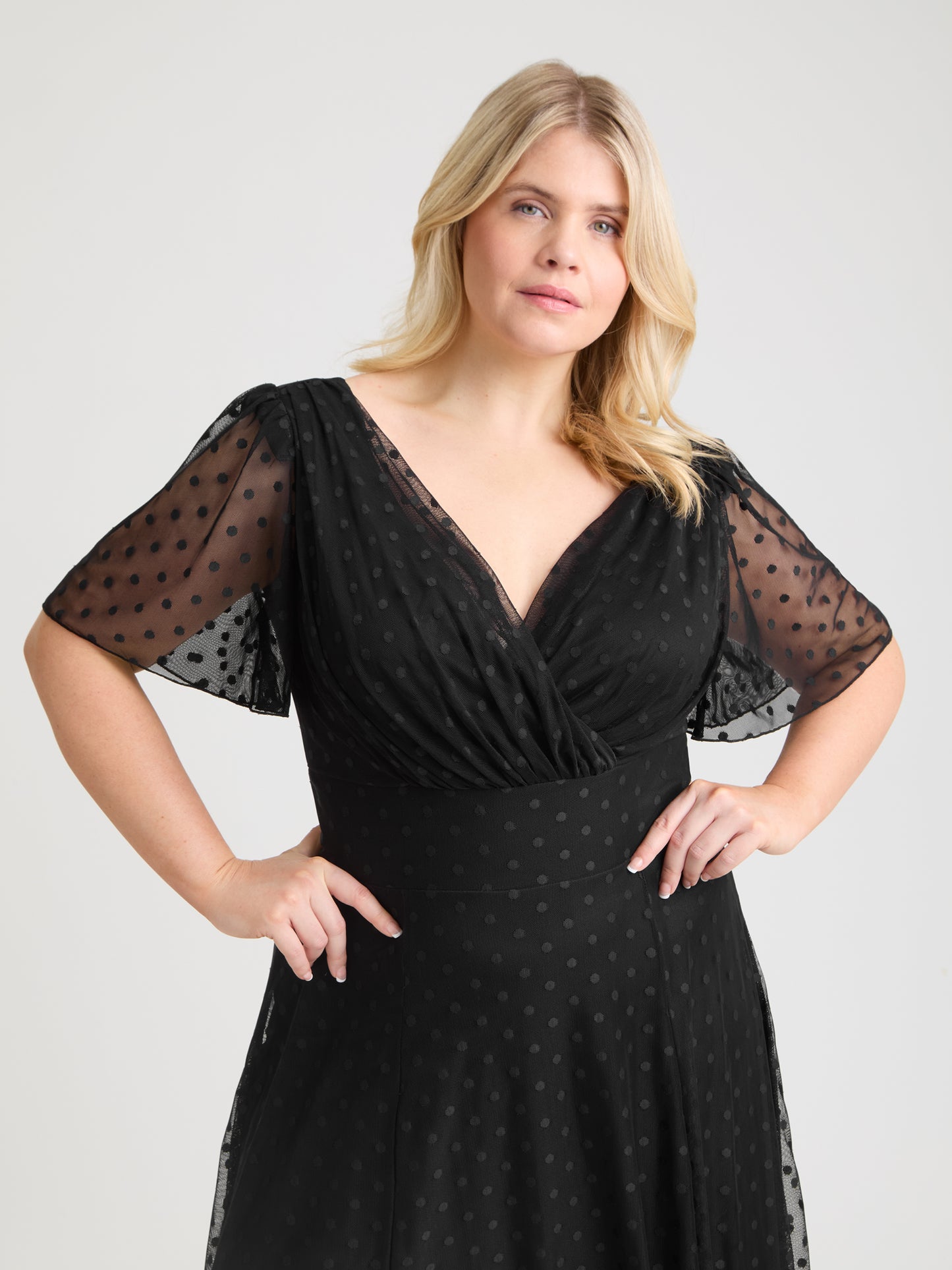 Isabelle Black Dobby Spot Float Sleeve Maxi Dress