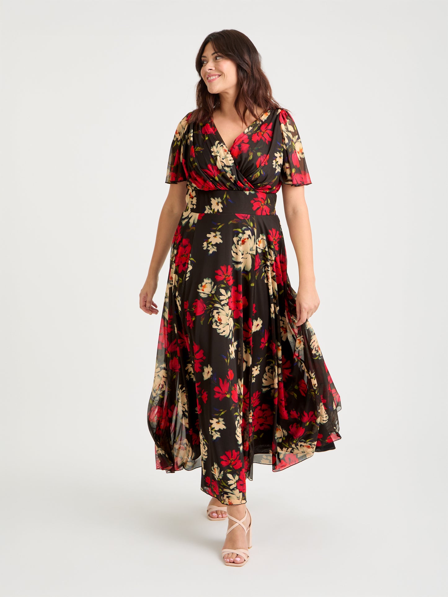 Isabelle Black Red Cream Float Sleeve Maxi Dress
