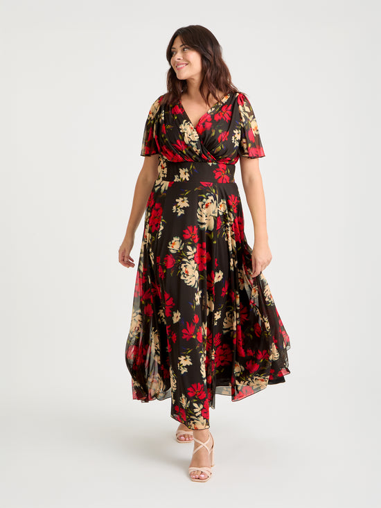 Isabelle Black Red Cream Float Sleeve Maxi Dress
