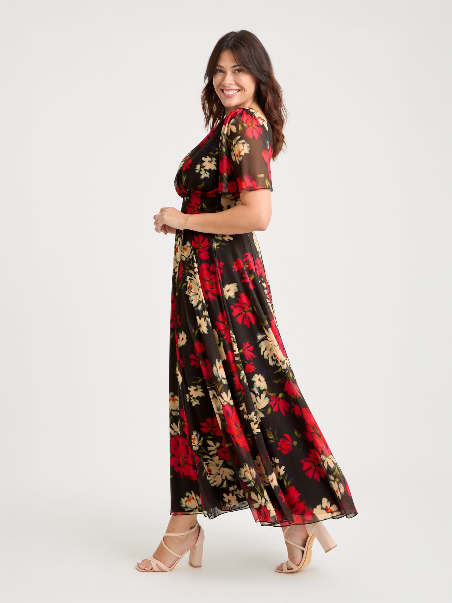 Isabelle Black Red Cream Float Sleeve Maxi Dress