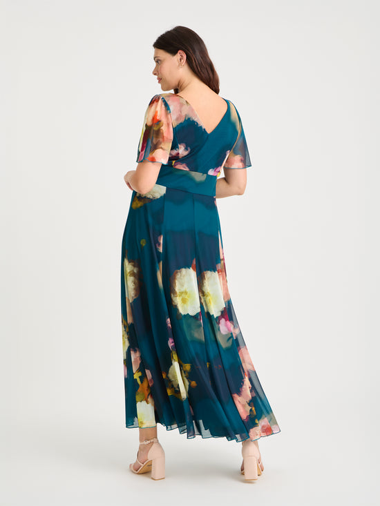 Isabelle Blue Abstract Floral Float Sleeve Maxi Dress