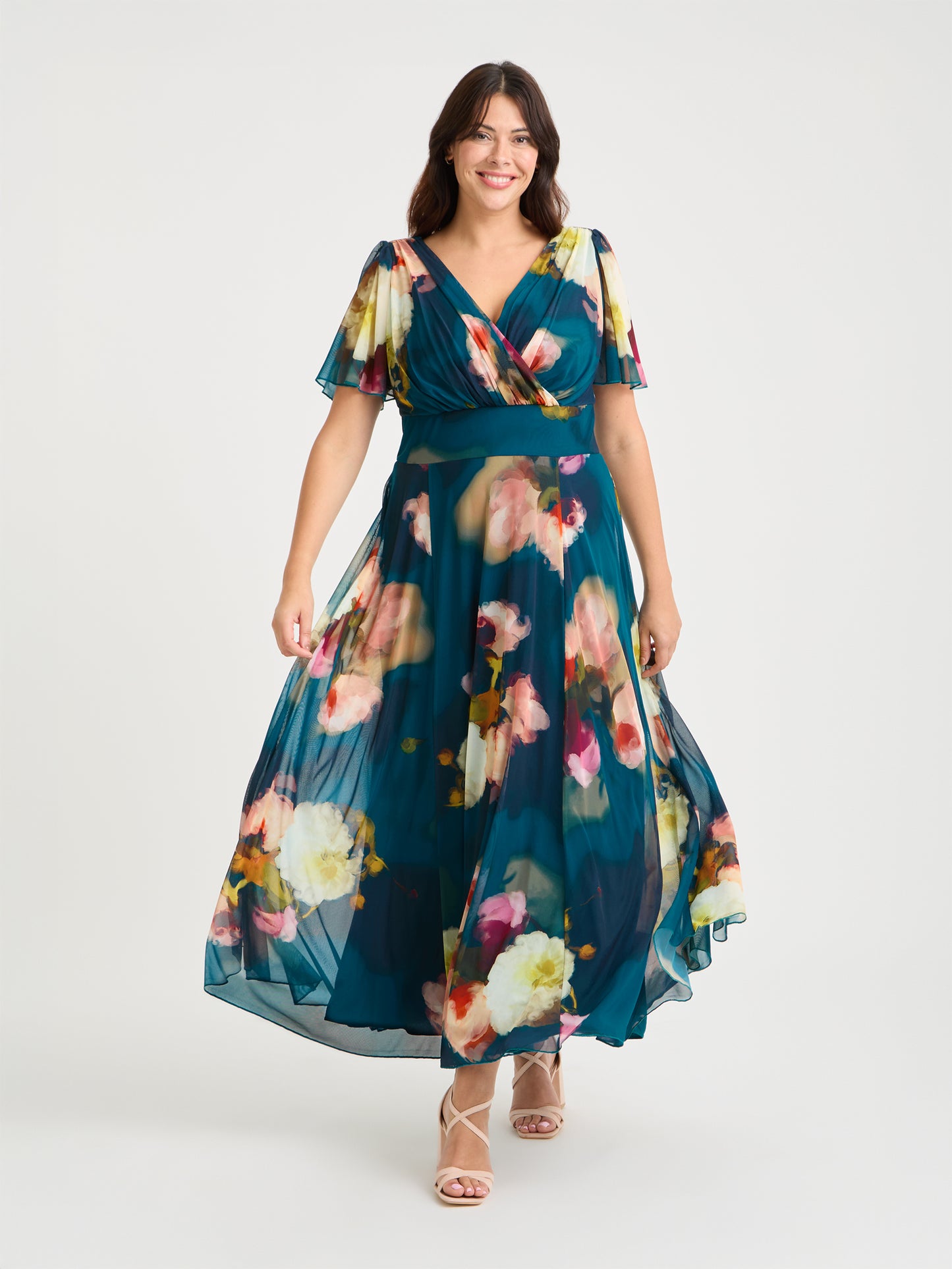 Isabelle Blue Abstract Floral Float Sleeve Maxi Dress