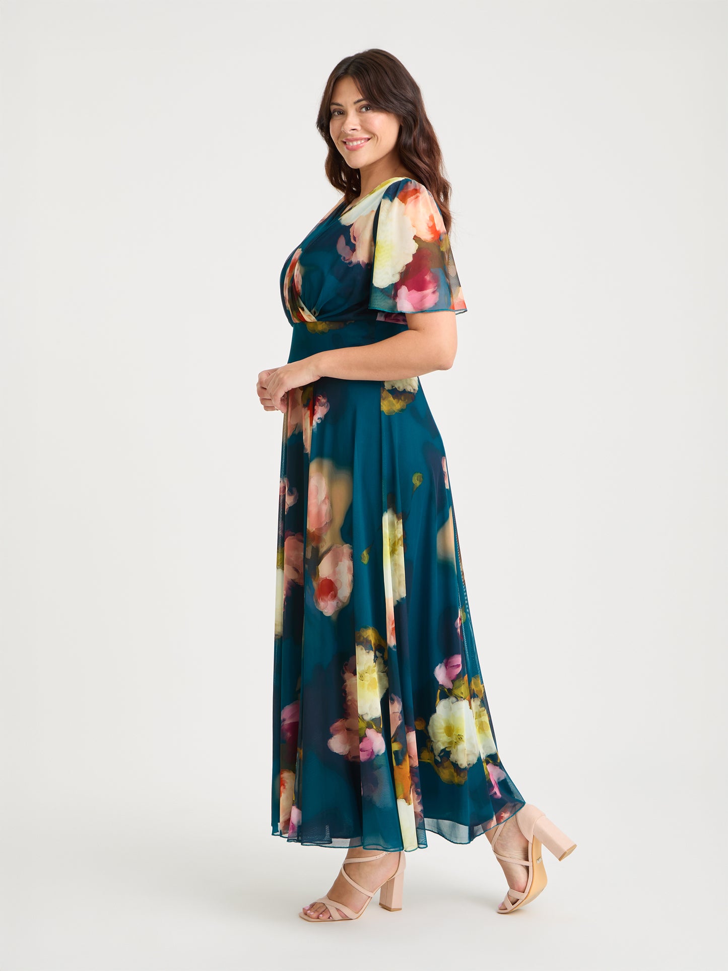 Isabelle Blue Abstract Floral Float Sleeve Maxi Dress