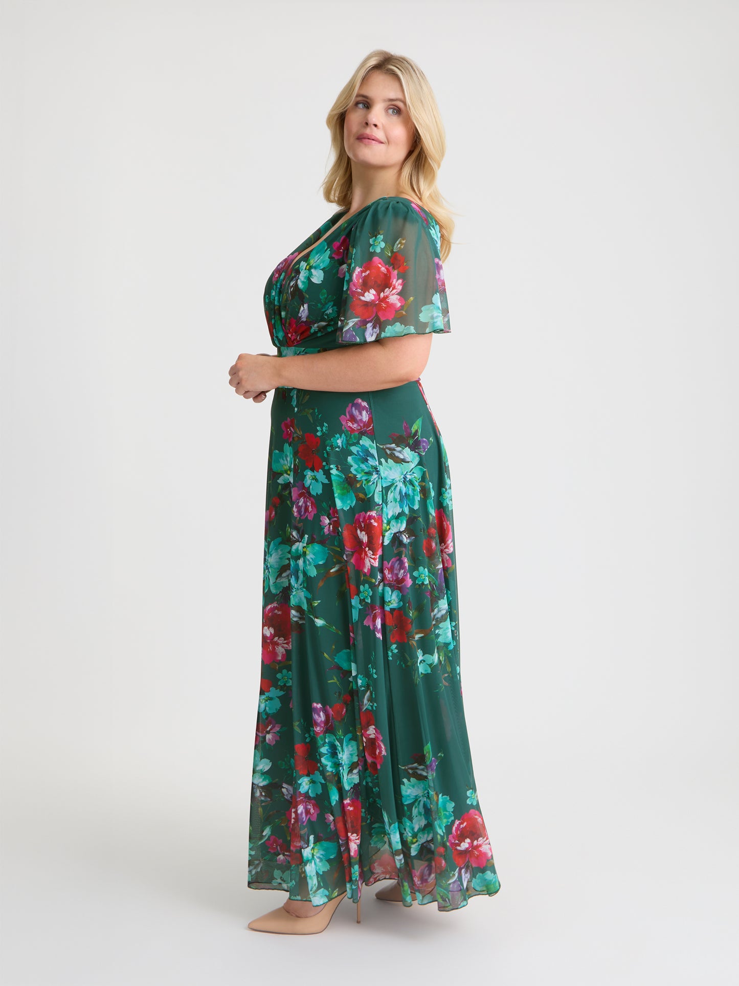 Isabelle Dark Green Red Float Sleeve Maxi Dress Scarlett & Jo Isabelle Dark Green Red Float Sleeve Maxi Dress Scarlett & Jo