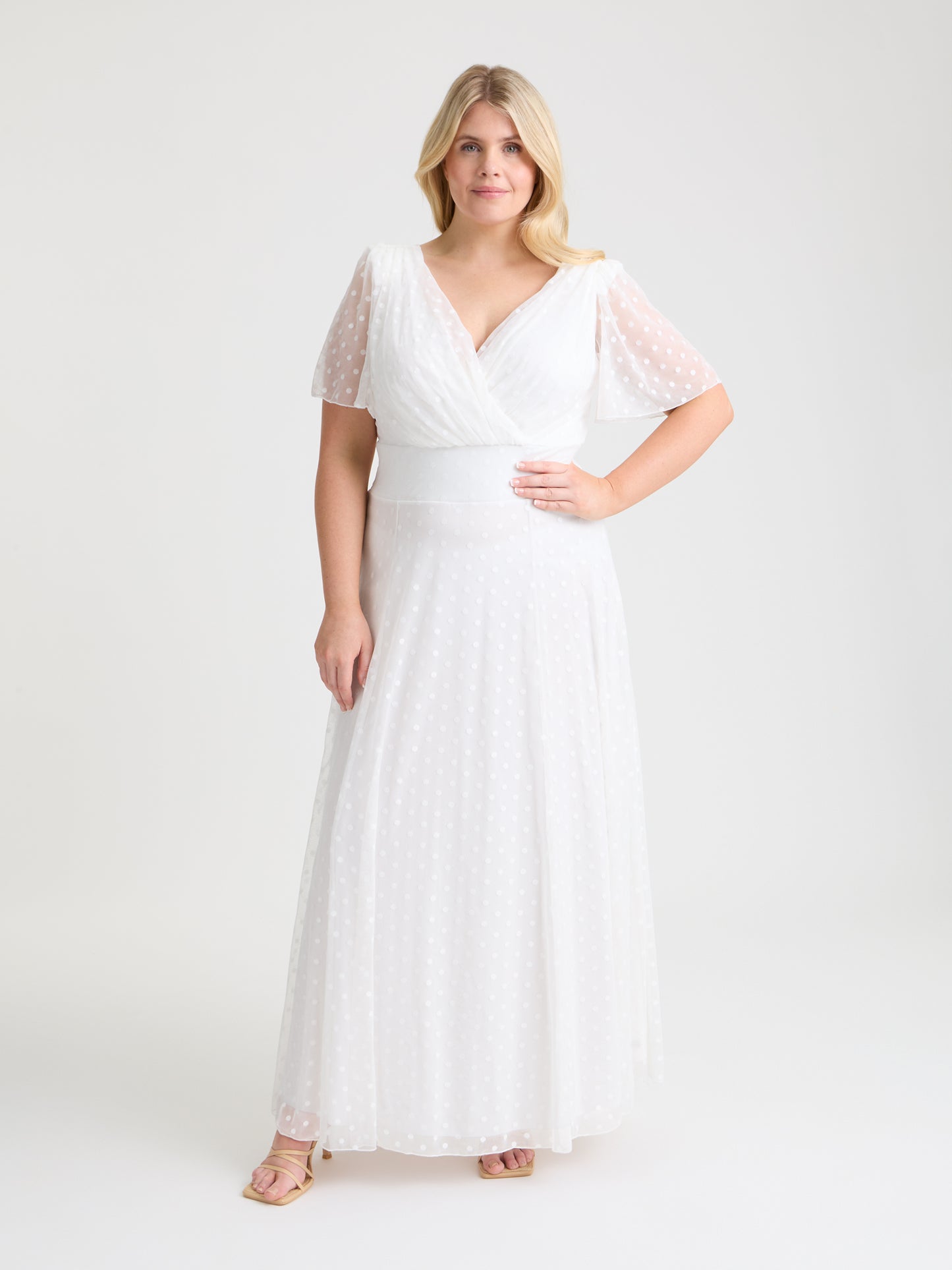 Isabelle Ivory Dobby Spot Float Sleeve Maxi Dress Scarlett & Jo Isabelle Ivory Dobby Spot Float Sleeve Maxi Dress Scarlett & Jo