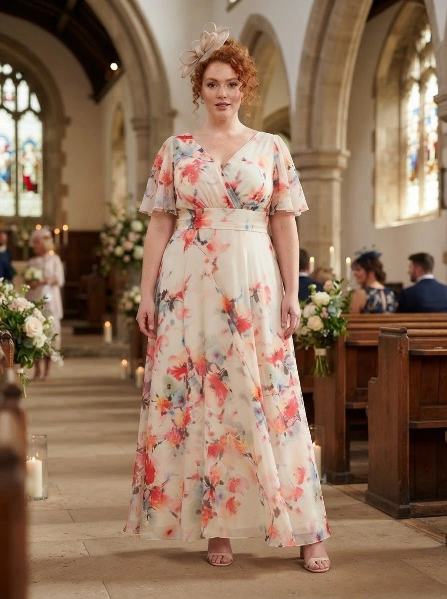 Isabelle Ivory Orange Dress — Floaty angel sleeves, MagicBand® waist, POWERFIT® mesh, UK 12-32, wedding guest