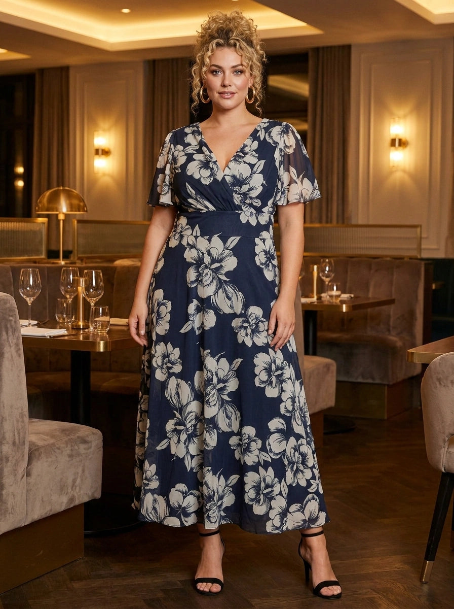 Isabelle Navy Ivory Dress — Floaty angel sleeves, MagicBand® waist, POWERFIT® mesh, UK 12-32, wedding guest