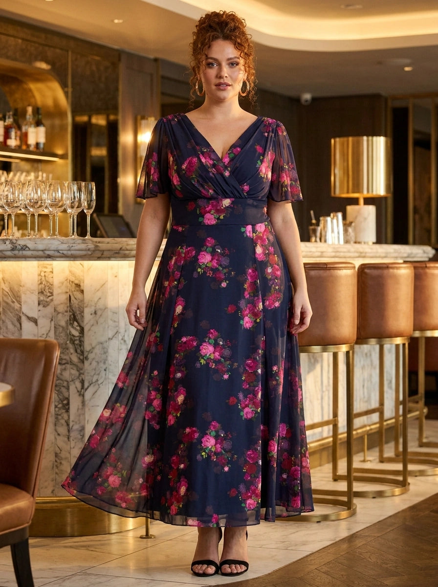 Isabelle Navy Pink Mulberry Dress — Floaty angel sleeves, MagicBand® waist, POWERFIT® mesh, UK 12-32, wedding guest