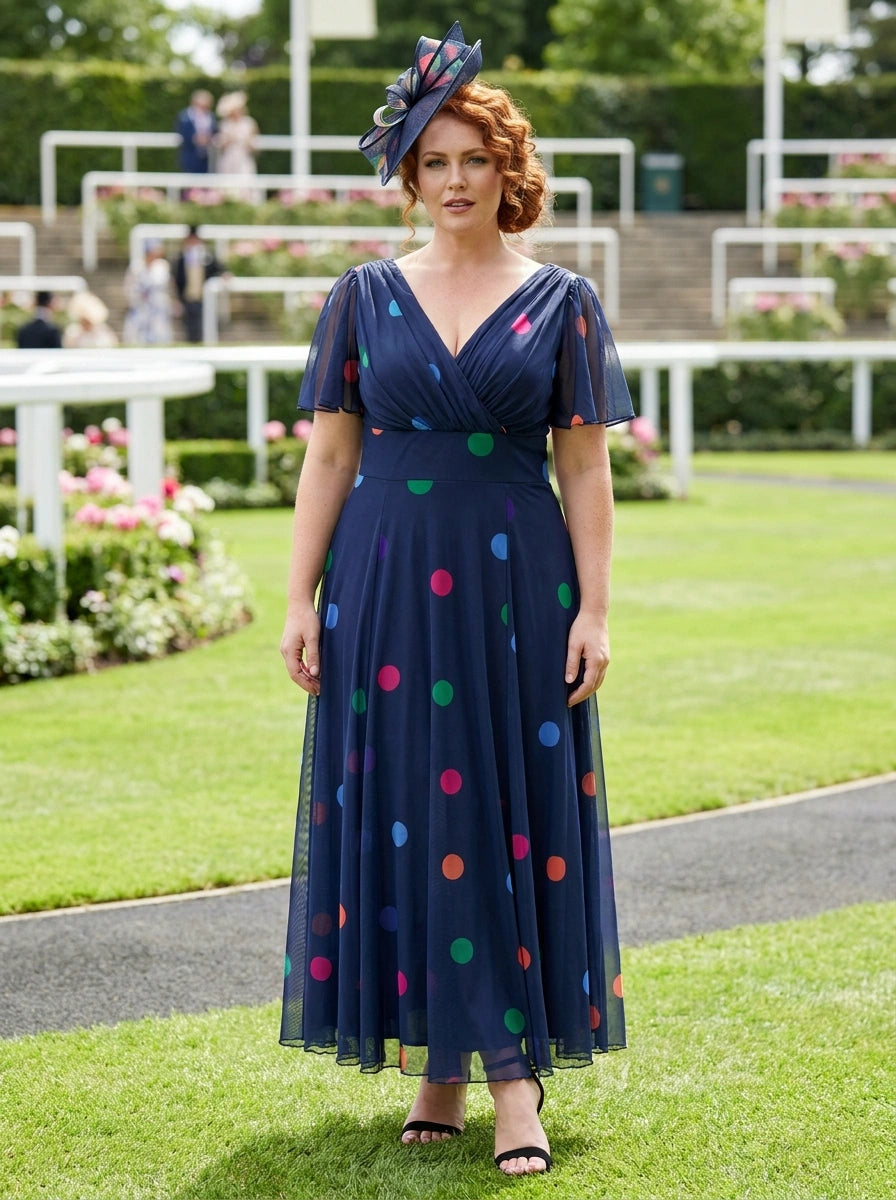 Isabelle Navy Polka Dress — Floaty angel sleeves, MagicBand® waist, POWERFIT® mesh, UK 12-32, wedding guest