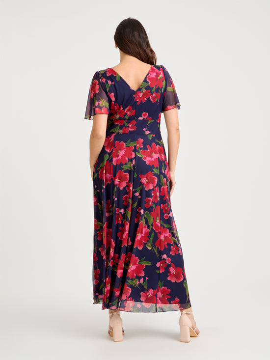 Isabelle Navy Red Pink Float Sleeve Maxi Dress