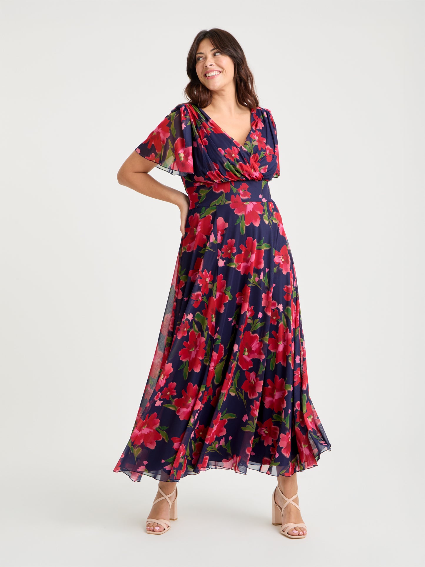 Isabelle Navy Red Pink Float Sleeve Maxi Dress