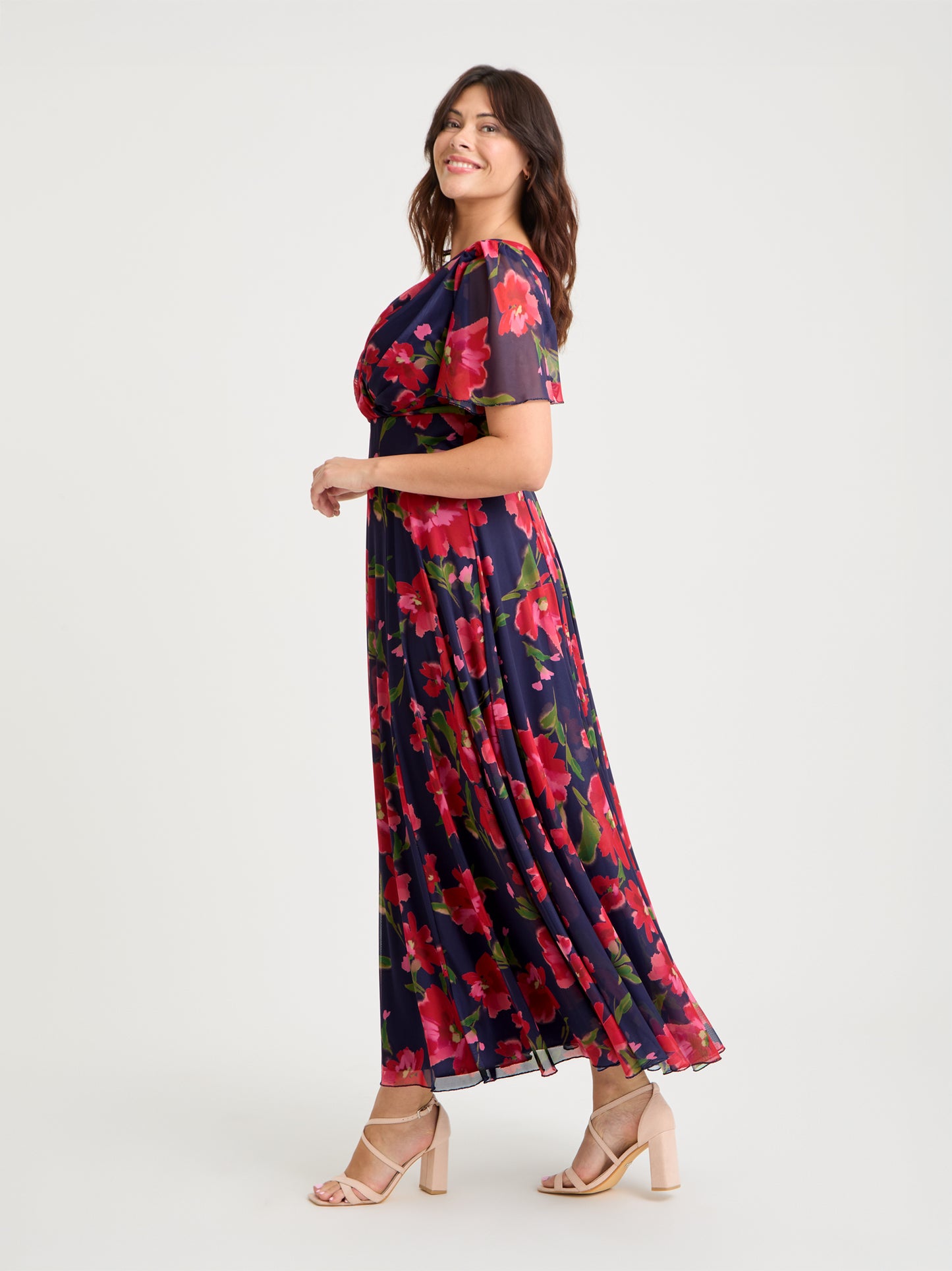 Isabelle Navy Red Pink Float Sleeve Maxi Dress