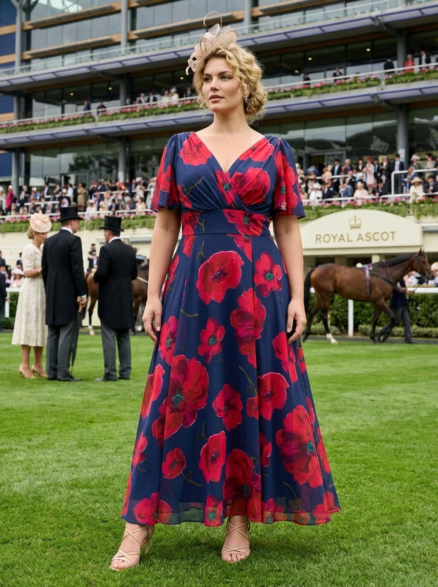 Plus Size Isabelle Navy Red Poppy Float Sleeve Maxi Dress