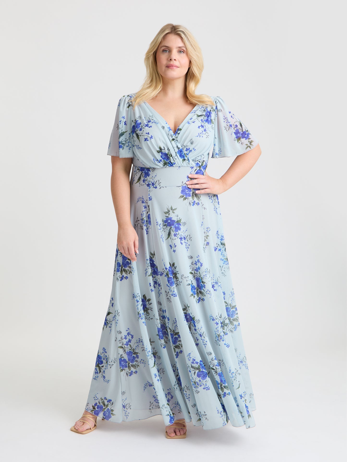 Isabelle Silver Blue Floral Float Sleeve Maxi Dress