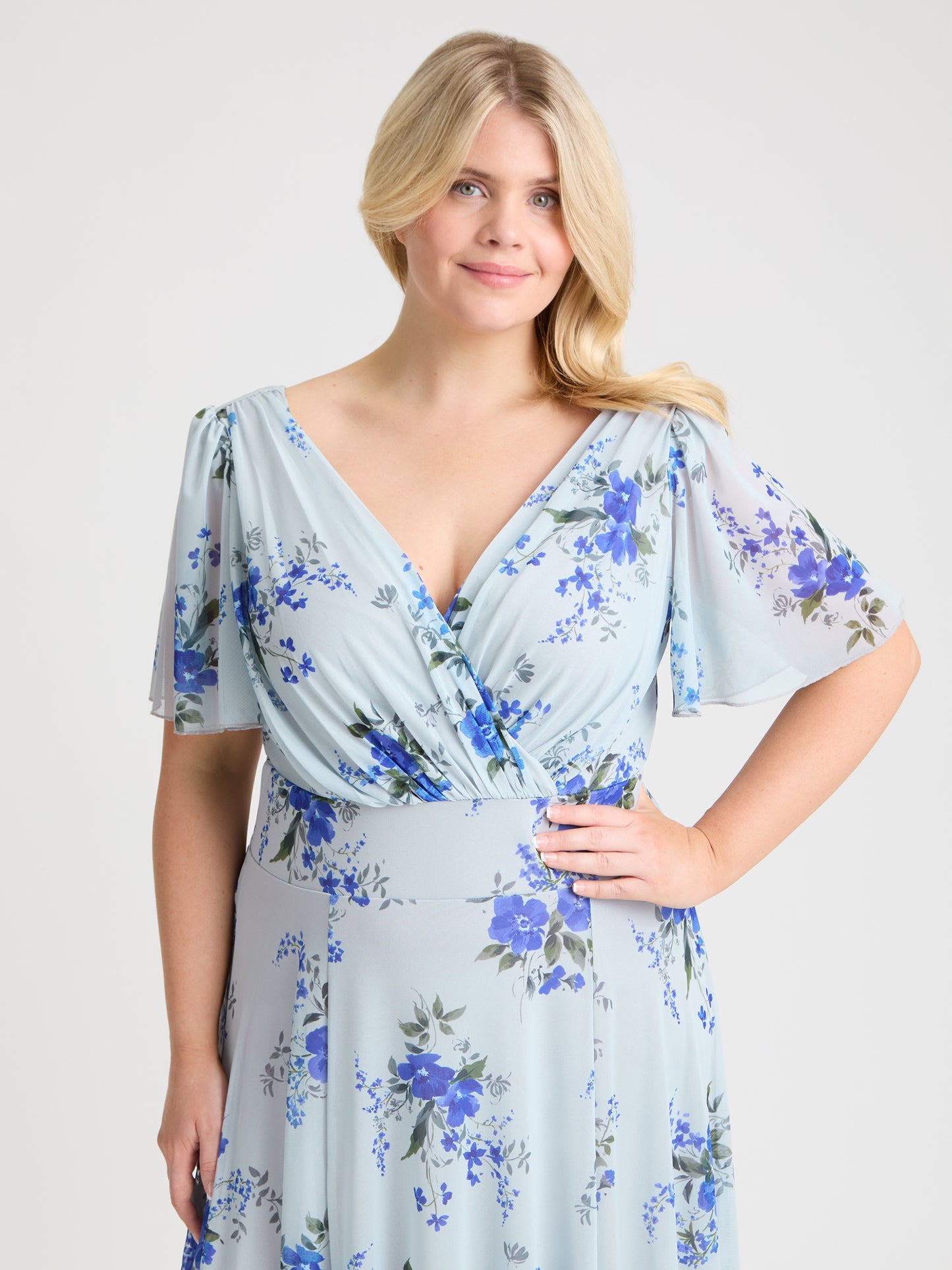 Isabelle Silver Blue Floral Float Sleeve Maxi Dress