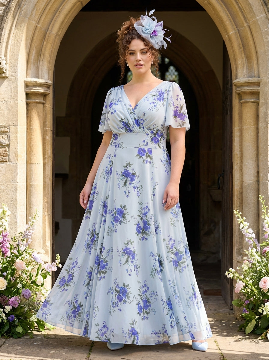 Isabelle Silver Blue Floral Float Sleeve Maxi Dress