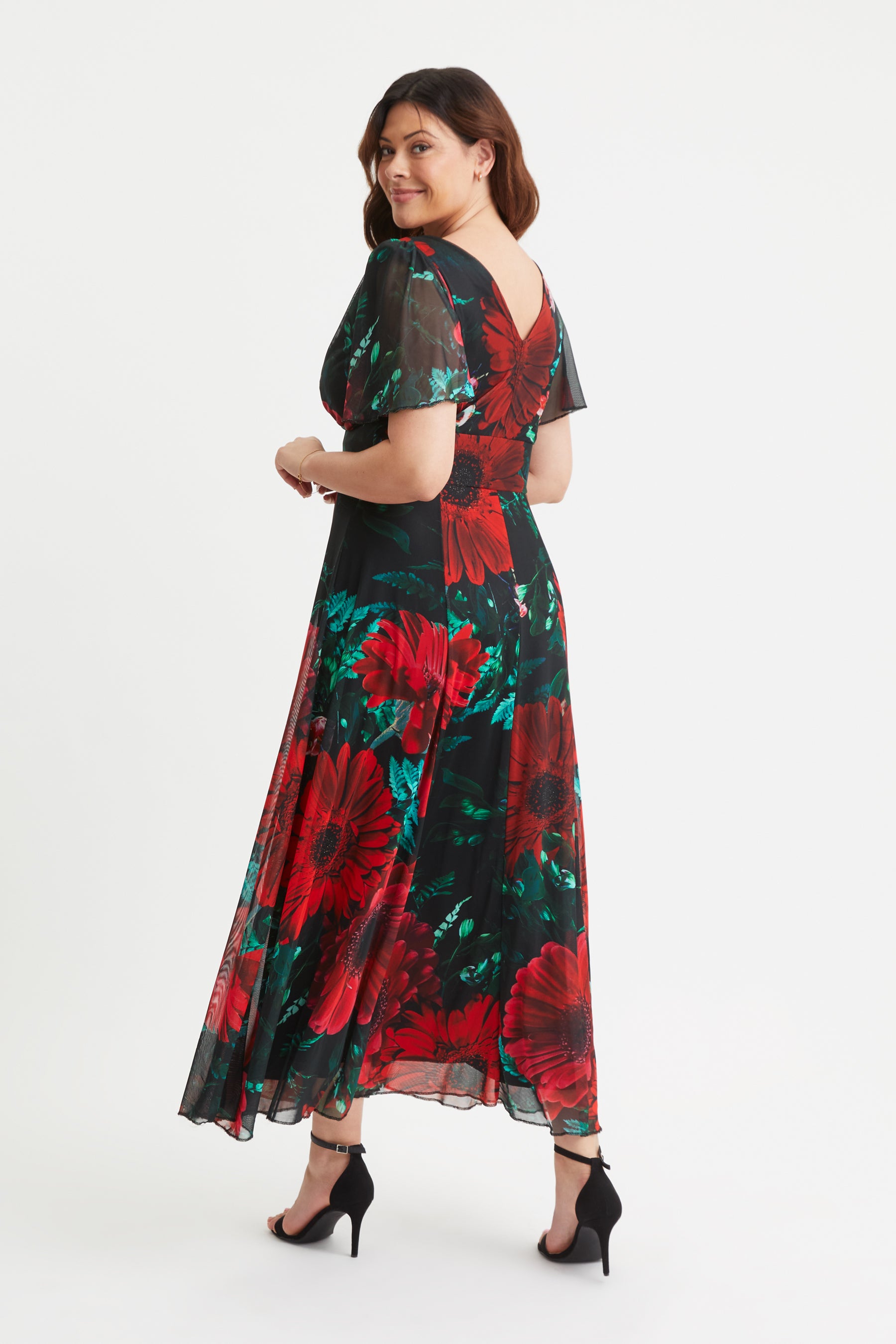 Y London Scarlett Floaty Rose Print Midi Dress With Button Front Black/red