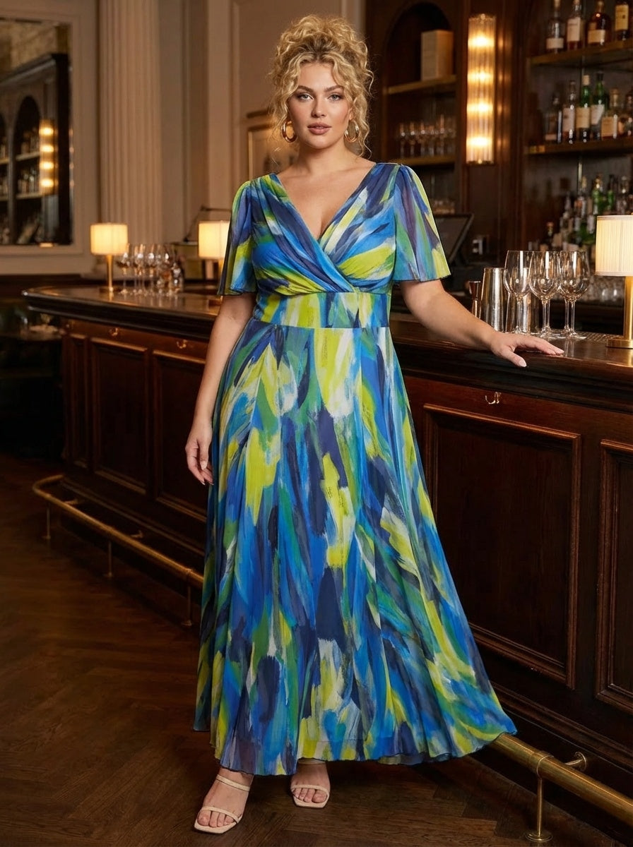 Isabelle Blue Yellow Float Sleeve Maxi Dress