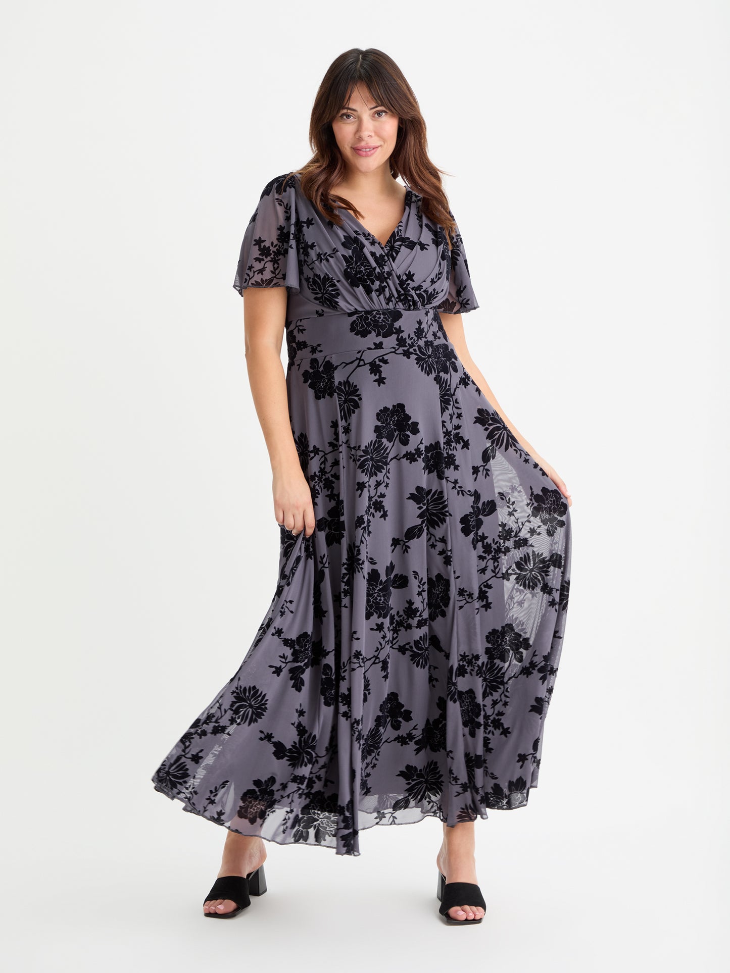 Isabelle Dark Grey Chinoise Velvet Flock Angel Sleeve Maxi Dress Scarlett & Jo Isabelle Dark Grey Chinoise Velvet Flock Angel Sleeve Maxi Dress Scarlett & Jo