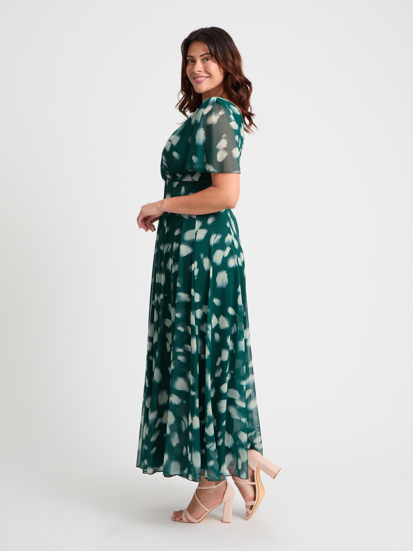 Isabelle Dark Green Cream Float Sleeve Maxi Dress  Scarlett & Jo