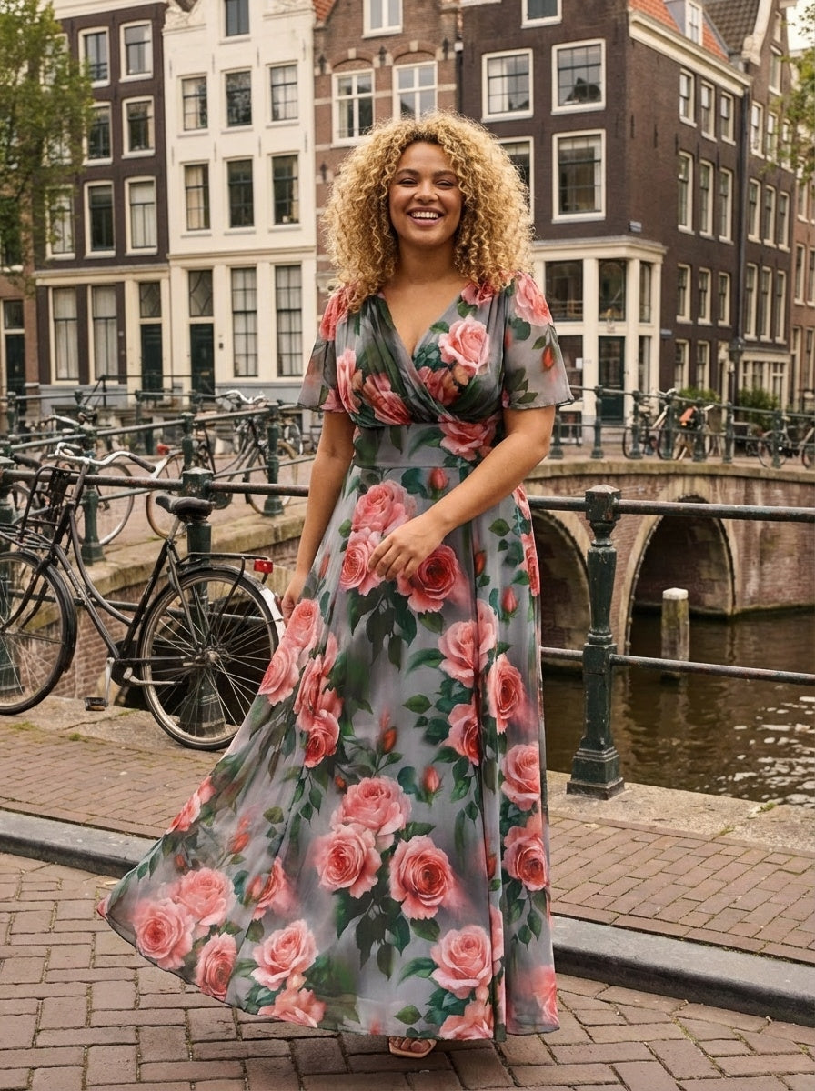 Isabelle Grey Pink Float Sleeve Maxi Dress