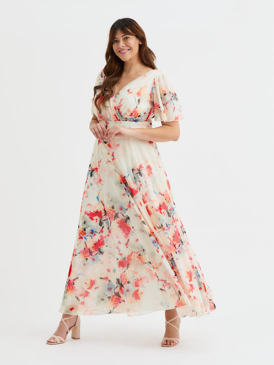 Isabelle Ivory Orange Float Sleeve Maxi Dress