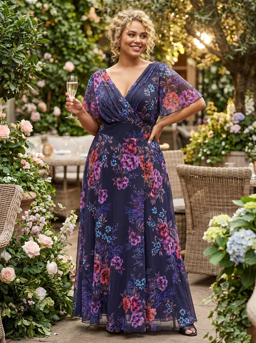 Isabelle Navy Amethyst Float Sleeve Maxi Dress