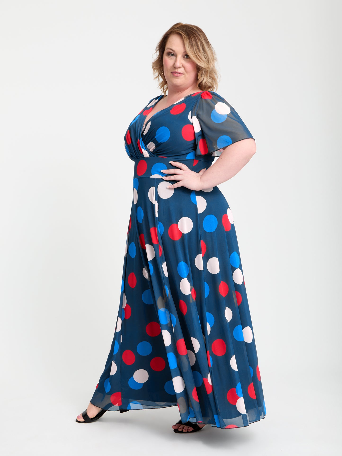 Isabelle Navy Multidot Float Sleeve Maxi Dress