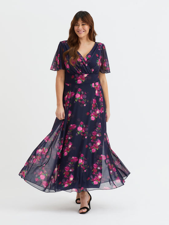 Isabelle Navy Pink Mulberry Float Sleeve Maxi Dress
