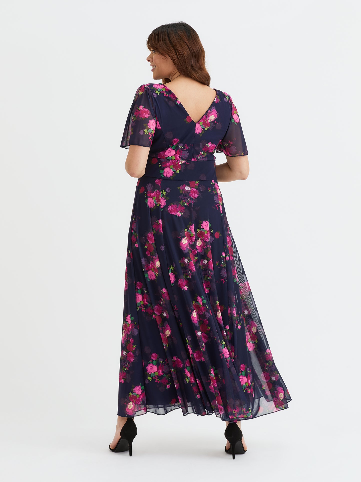 Isabelle Navy Pink Mulberry Float Sleeve Maxi Dress