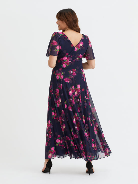 Isabelle Navy Pink Mulberry Float Sleeve Maxi Dress