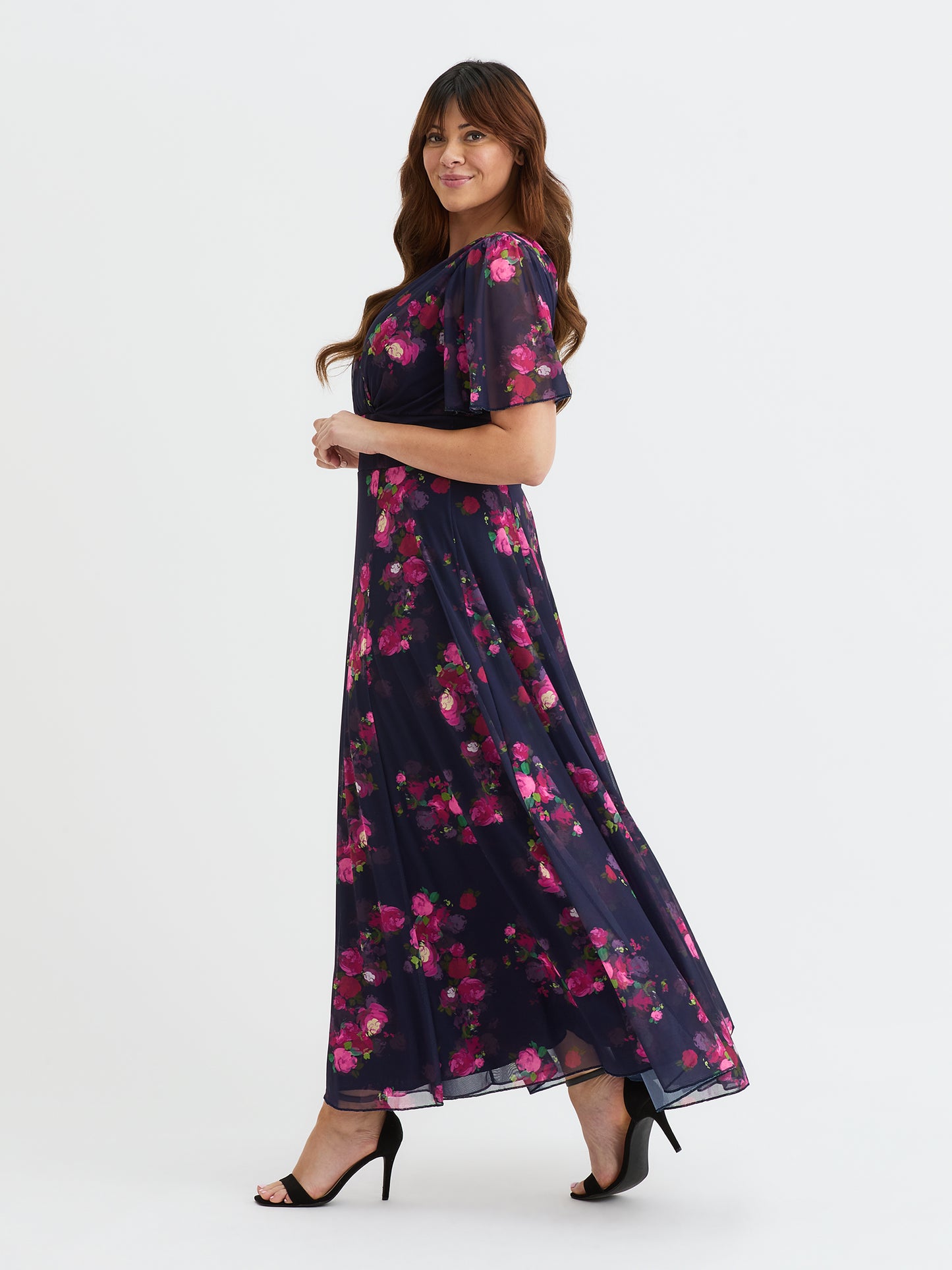 Isabelle Navy Pink Mulberry Float Sleeve Maxi Dress
