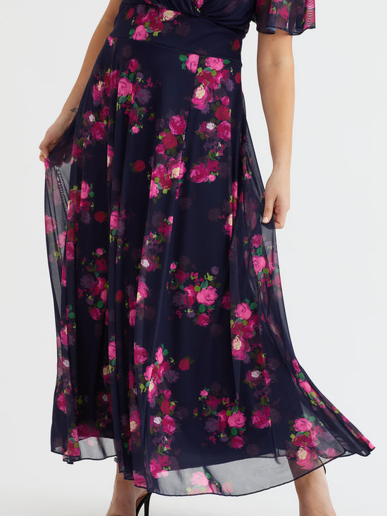 Isabelle Navy Pink Mulberry Float Sleeve Maxi Dress