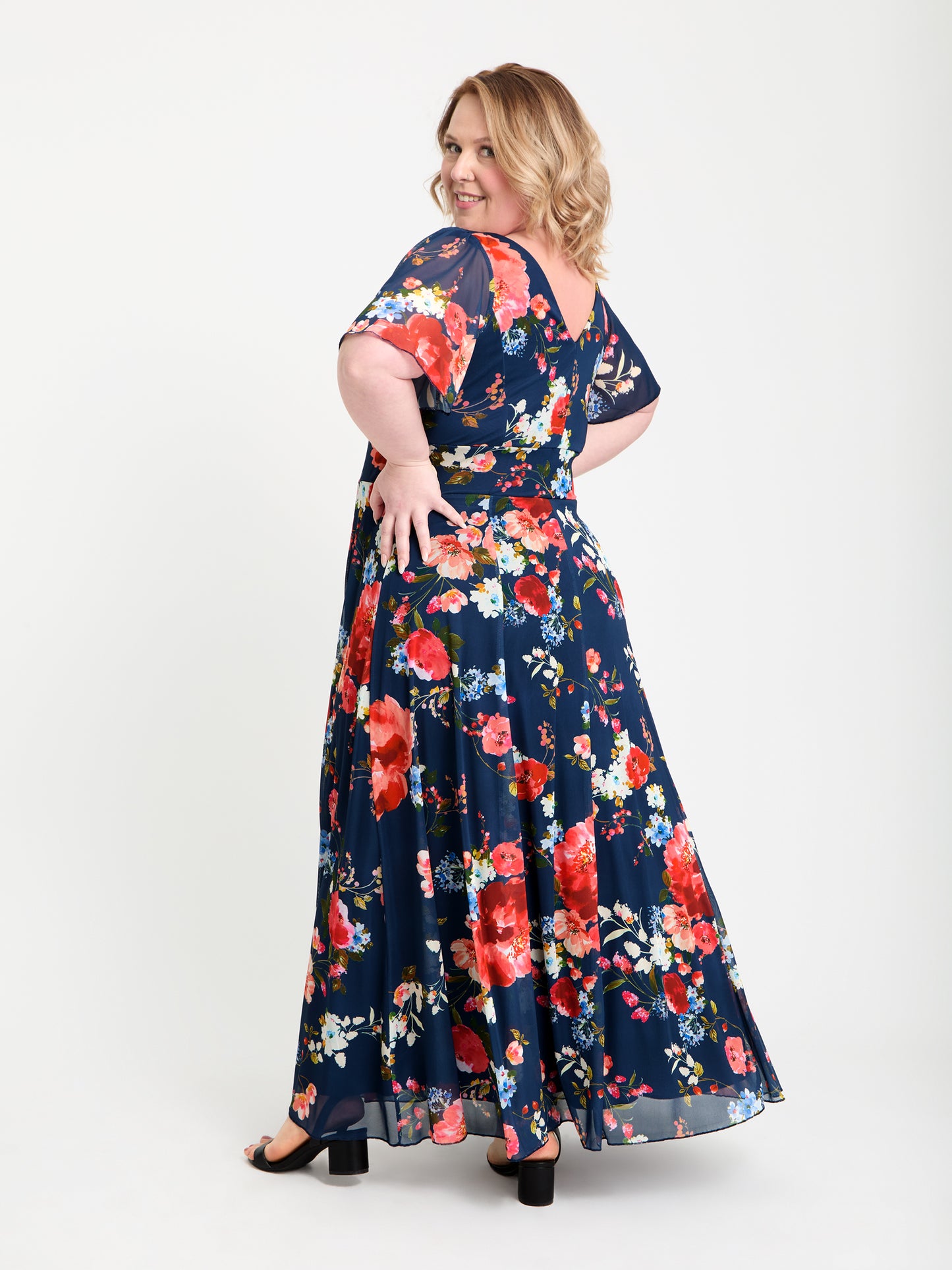 Isabelle Navy Red Multi Float Sleeve Maxi Dress