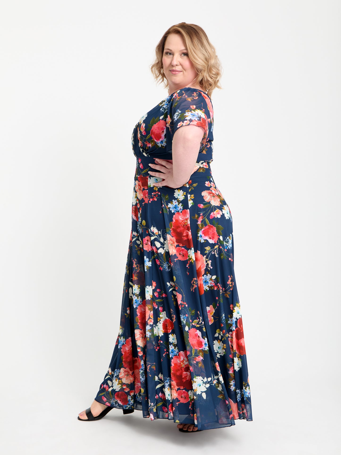 Isabelle Navy Red Multi Float Sleeve Maxi Dress