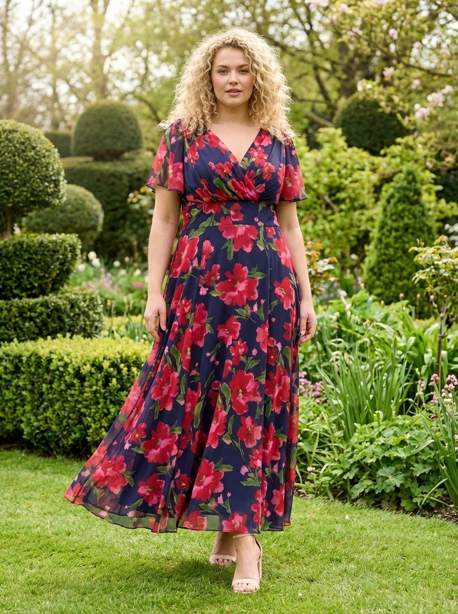 Isabelle Navy Red Pink Float Sleeve Maxi Dress