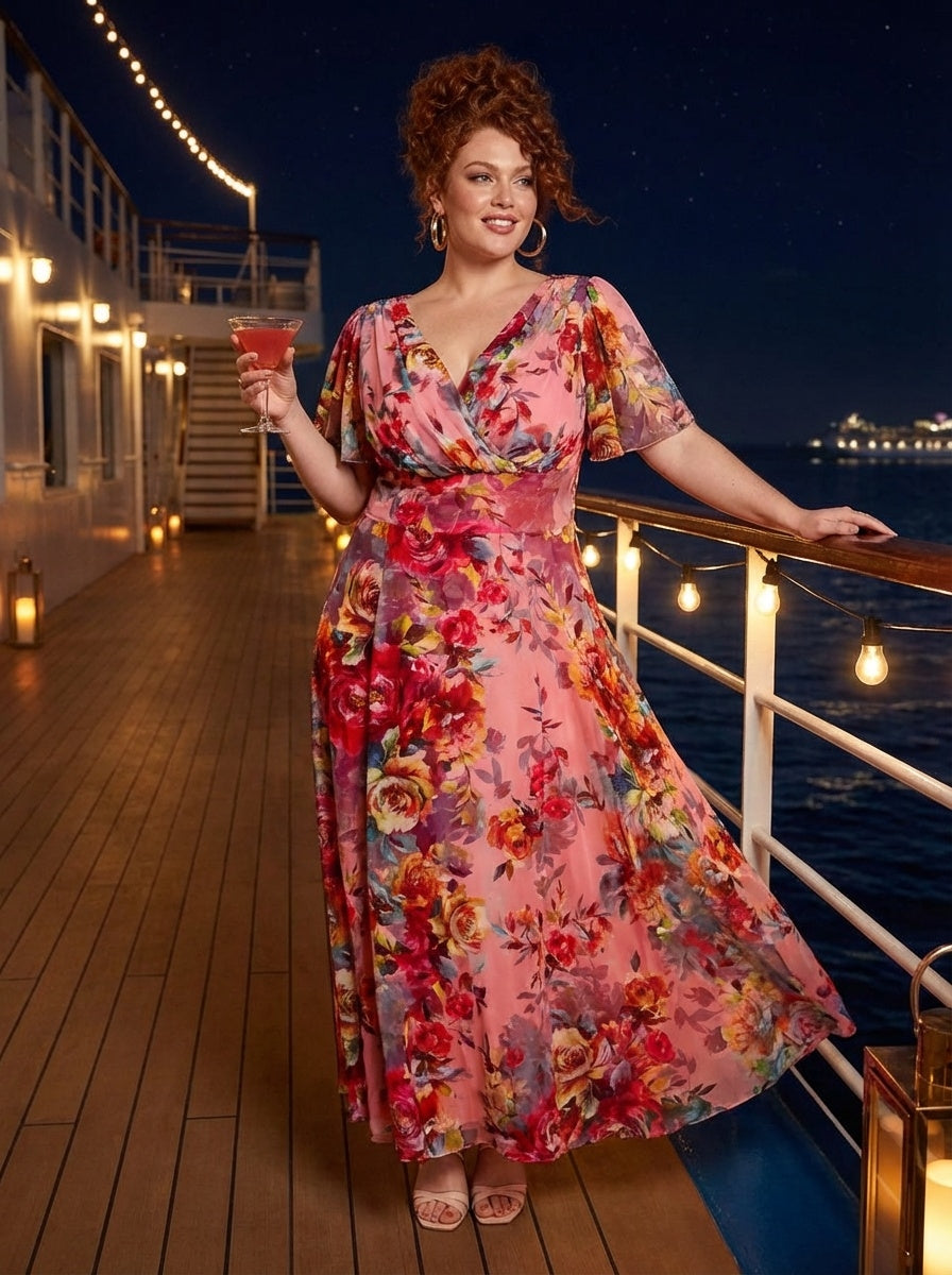 Isabelle Pink Cerise Print Float Sleeve Maxi Dress