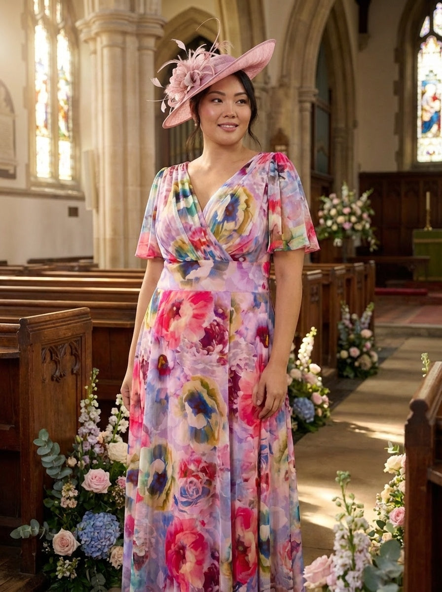 Isabelle Pink Lemon Multi Float Sleeve Maxi Dress