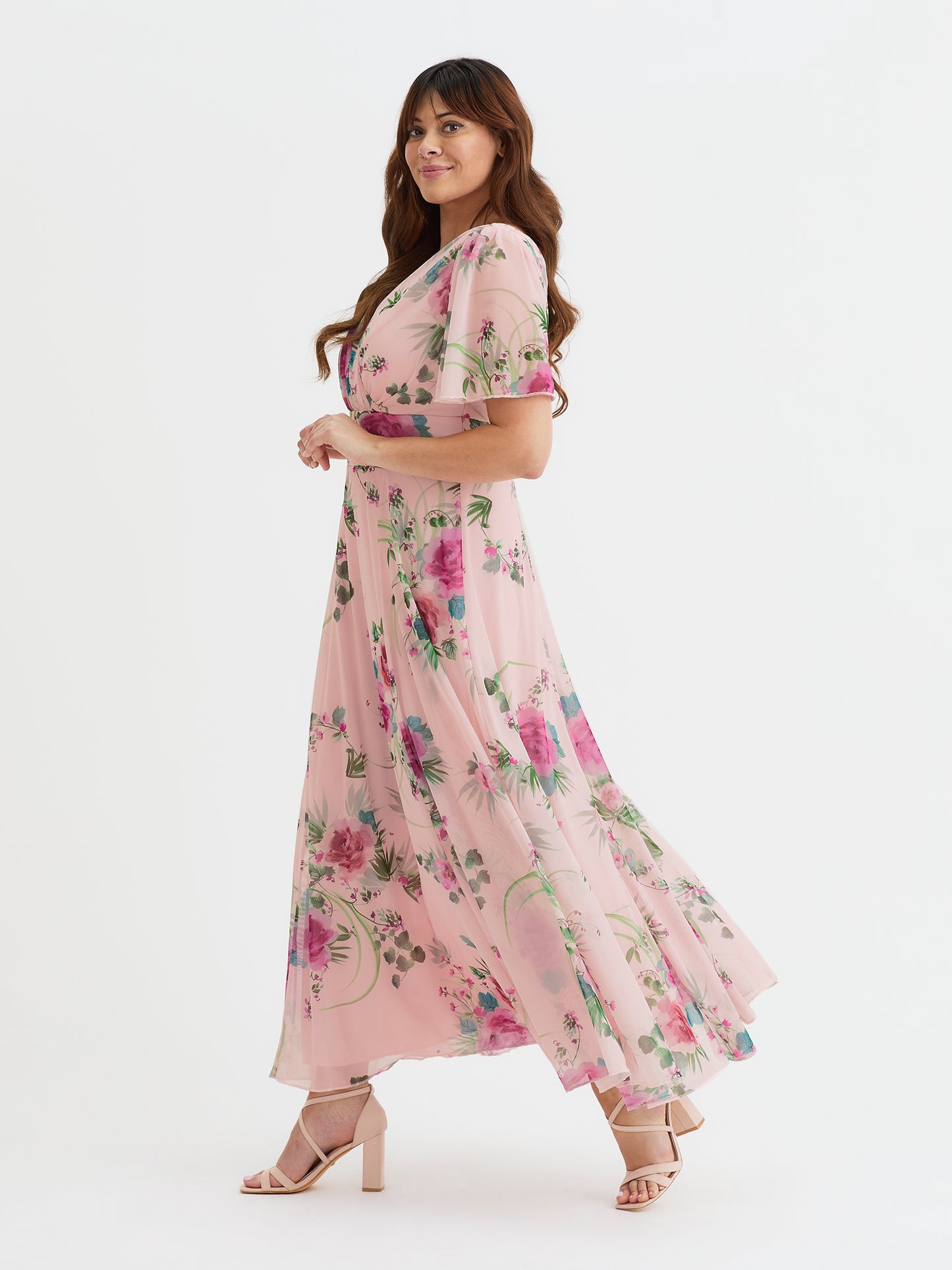 Isabelle Pink Pink Flower Float Sleeve Maxi Dress