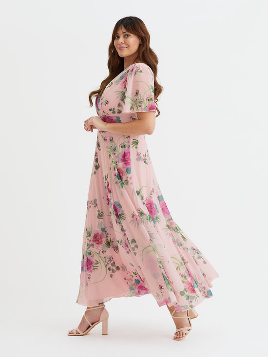 Isabelle Pink Pink Flower Float Sleeve Maxi Dress