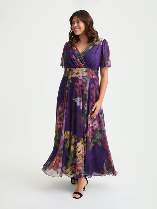 Isabelle Purple Flower Float Sleeve Maxi Dress