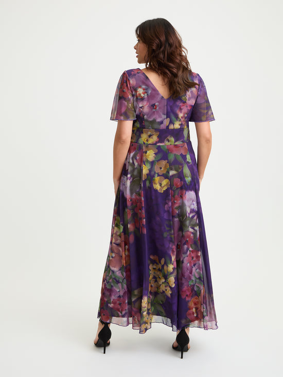 Isabelle Purple Flower Float Sleeve Maxi Dress