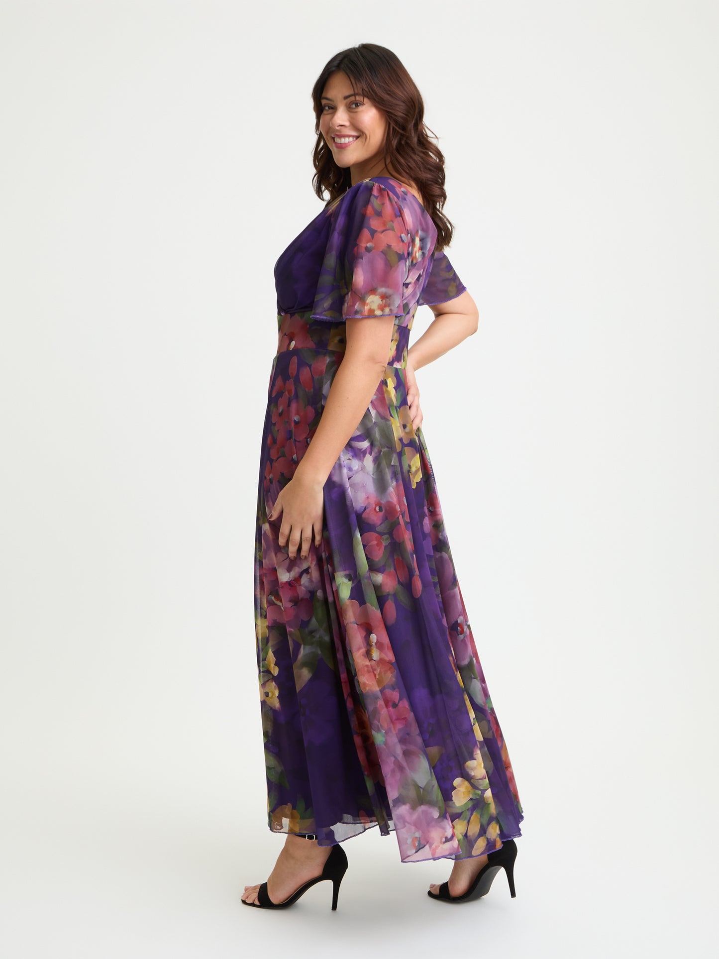 Isabelle Purple Flower Float Sleeve Maxi Dress