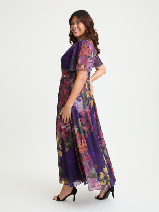 Isabelle Purple Flower Float Sleeve Maxi Dress