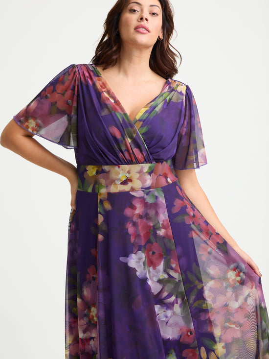 Isabelle Purple Flower Float Sleeve Maxi Dress
